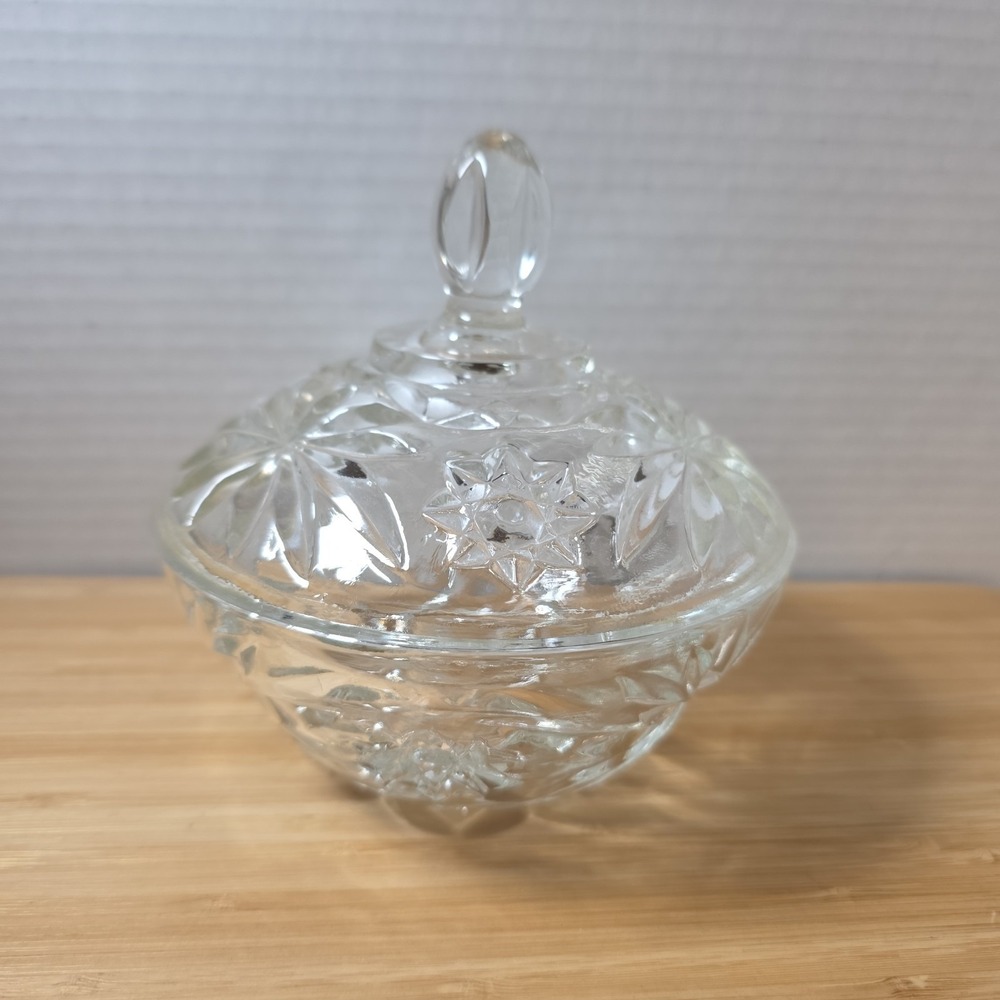 Vintage Anchor Hocking Glass EAPC Star of David Candy Dish w Lid Clear 5 1/4" D